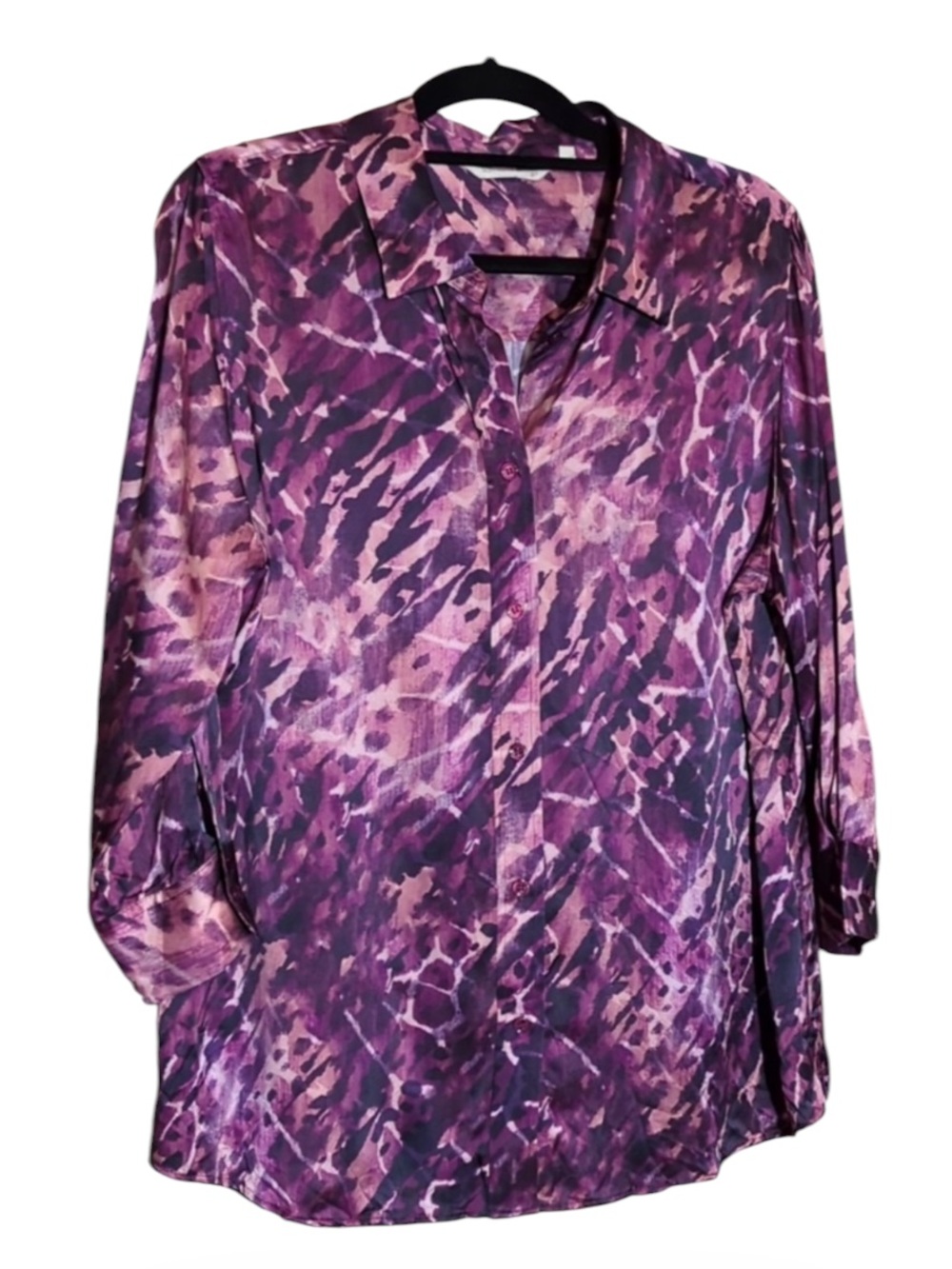 Soft Surroundings 100% Silk Purple Printed Button-Front Women's Blouse